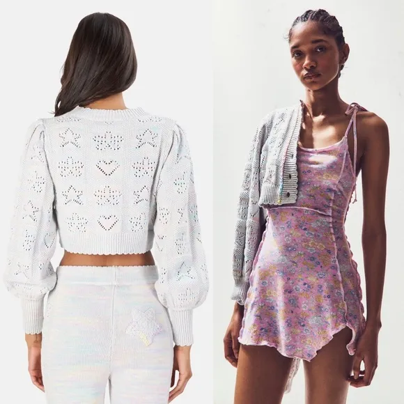 LOVESHACKFANCY Pastel Rainbow Star &amp; Heart Pointelle Cropped Cardigan Sweater L