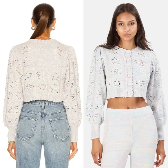 LOVESHACKFANCY Pastel Rainbow Star &amp; Heart Pointelle Cropped Cardigan Sweater L