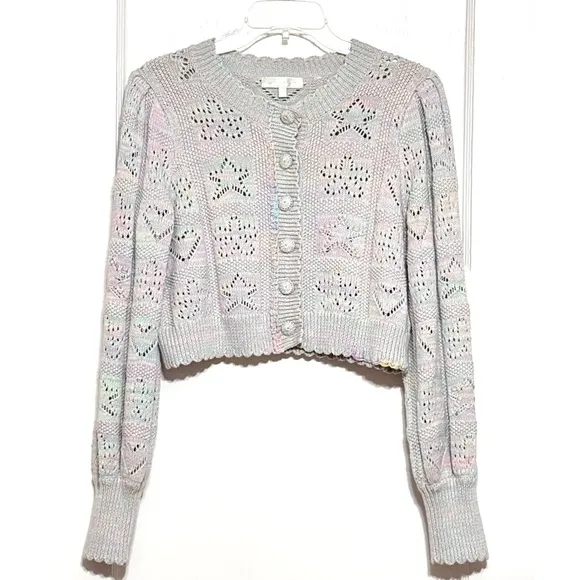 LOVESHACKFANCY Pastel Rainbow Star &amp; Heart Pointelle Cropped Cardigan Sweater L