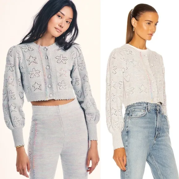 LOVESHACKFANCY Pastel Rainbow Star &amp; Heart Pointelle Cropped Cardigan Sweater L