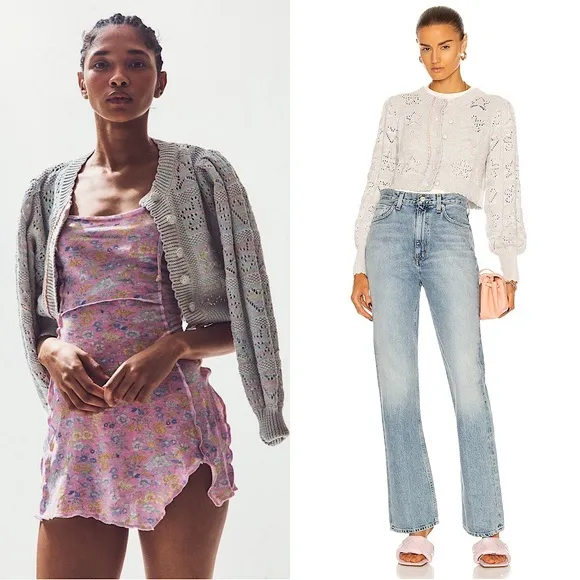 LOVESHACKFANCY Pastel Rainbow Star &amp; Heart Pointelle Cropped Cardigan Sweater L