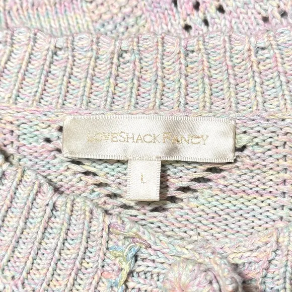 LOVESHACKFANCY Pastel Rainbow Star &amp; Heart Pointelle Cropped Cardigan Sweater L