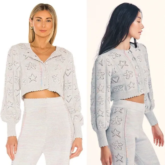 LOVESHACKFANCY Pastel Rainbow Star &amp; Heart Pointelle Cropped Cardigan Sweater L