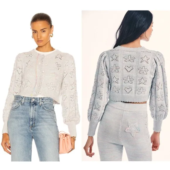 LOVESHACKFANCY Pastel Rainbow Star &amp; Heart Pointelle Cropped Cardigan Sweater L