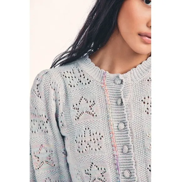 LOVESHACKFANCY Pastel Rainbow Star &amp; Heart Pointelle Cropped Cardigan Sweater L