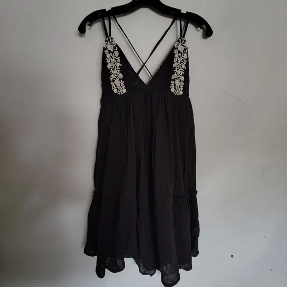 L*Space Eliana Embroidered Strappy Plunge Back Mini Dress Black Size XS