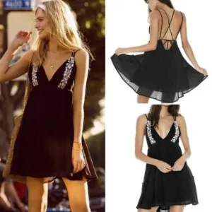 L*Space Eliana Embroidered Strappy Plunge Back Mini Dress Black Size XS