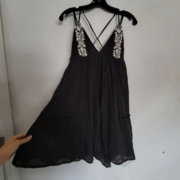 L*Space Eliana Embroidered Strappy Plunge Back Mini Dress Black Size XS
