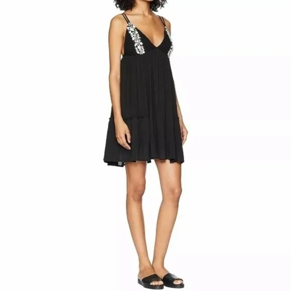 L*Space Eliana Embroidered Strappy Plunge Back Mini Dress Black Size XS