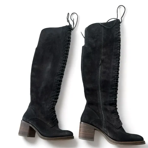 LUCKY BRAND Black Suede Zip Up Over The Knee Lace Up Riddick Boots Size 10 new