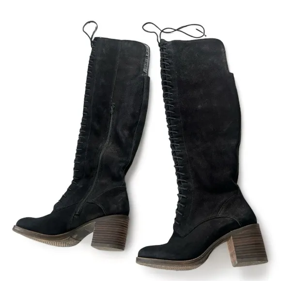 LUCKY BRAND Black Suede Zip Up Over The Knee Lace Up Riddick Boots Size 10 new