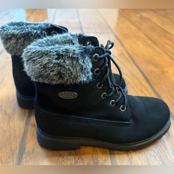 Lugz Convoy black boots women’s 6.5 faux suede &amp; fur lace up combat winter nice!