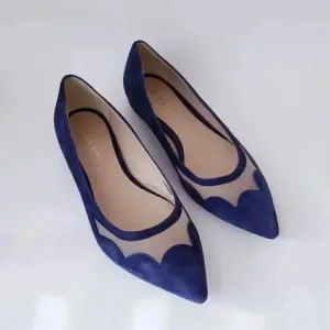 M. Gemi Italian Blue Suede Leather Scallop Sheer Mesh Pointed Toe Flats Size 41