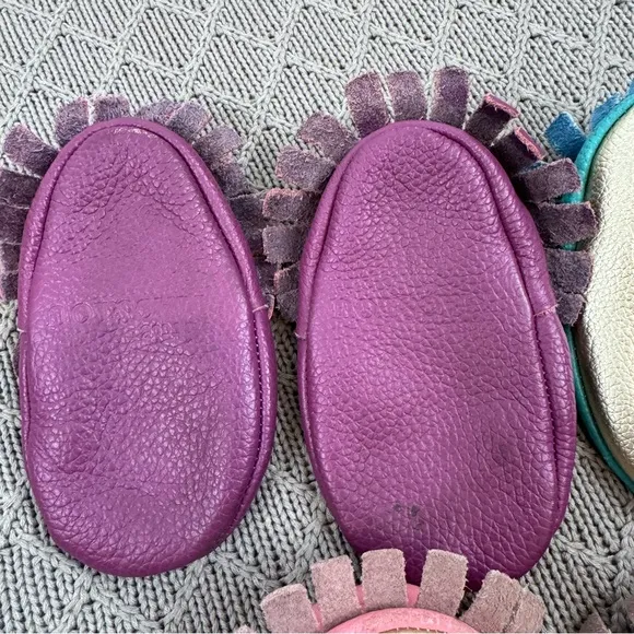 Mac and Lou Leather Moccasins - Purple, Teal, and Pink with Fringe and Bows