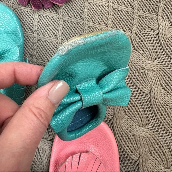 Mac and Lou Leather Moccasins - Purple, Teal, and Pink with Fringe and Bows