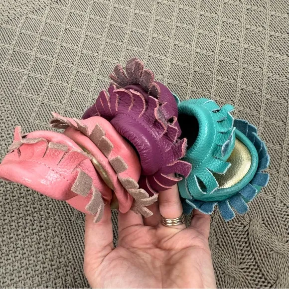 Mac and Lou Leather Moccasins - Purple, Teal, and Pink with Fringe and Bows