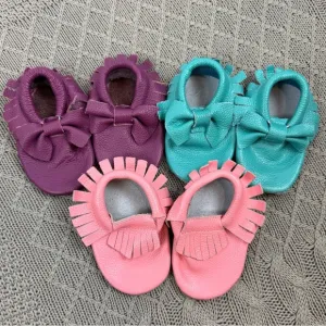 Mac and Lou Leather Moccasins - Purple, Teal, and Pink with Fringe and Bows