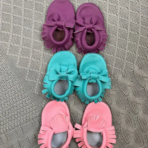 Mac and Lou Leather Moccasins - Purple, Teal, and Pink with Fringe and Bows