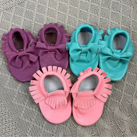 Mac and Lou Leather Moccasins - Purple, Teal, and Pink with Fringe and Bows
