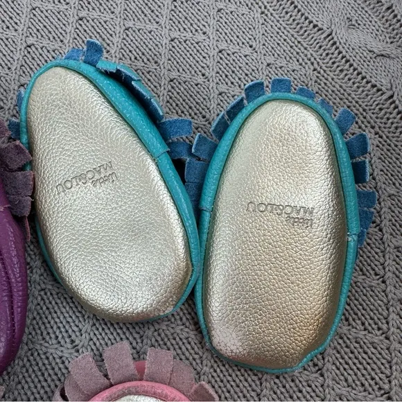 Mac and Lou Leather Moccasins - Purple, Teal, and Pink with Fringe and Bows