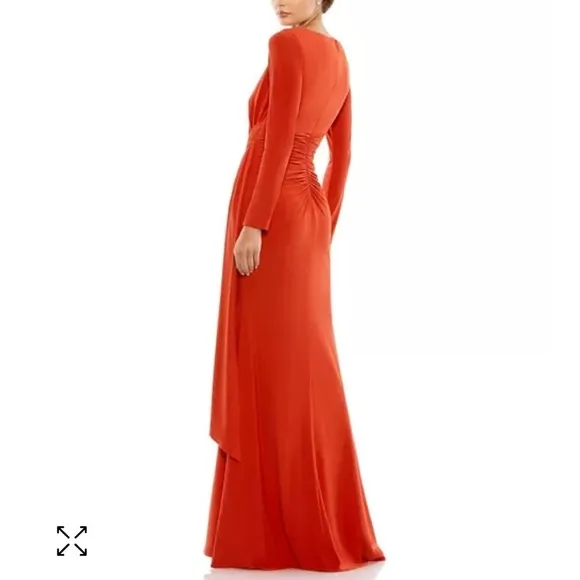 Mac Duggal Women's 12 Ruched Long Sleeve Boat Neck Gown dress conservative red