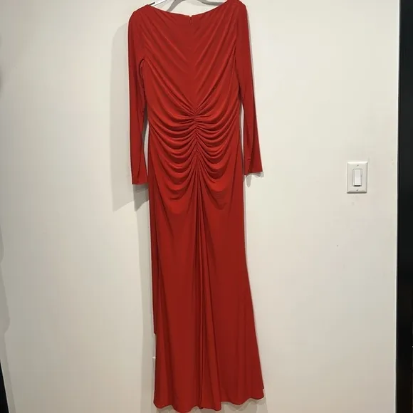 Mac Duggal Women's 12 Ruched Long Sleeve Boat Neck Gown dress conservative red