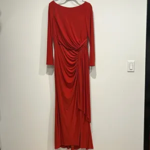 Mac Duggal Women's 12 Ruched Long Sleeve Boat Neck Gown dress conservative red
