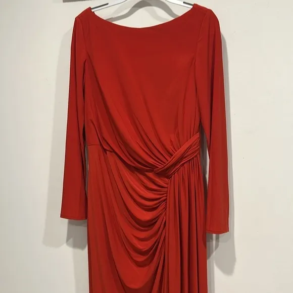 Mac Duggal Women's 12 Ruched Long Sleeve Boat Neck Gown dress conservative red