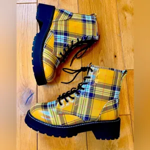 Madden Girl Glazed Faux Leather and Plaid Combat Boots