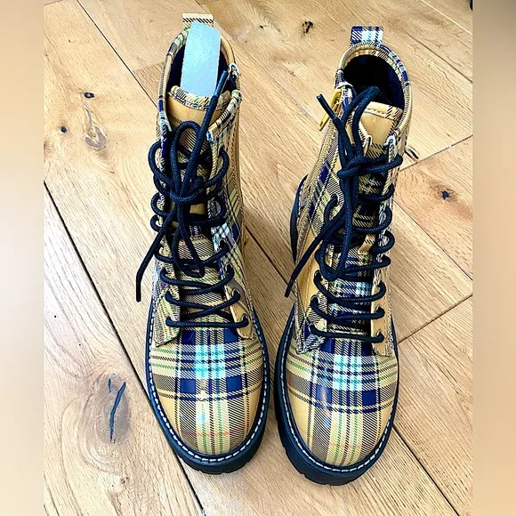 Madden Girl Glazed Faux Leather and Plaid Combat Boots