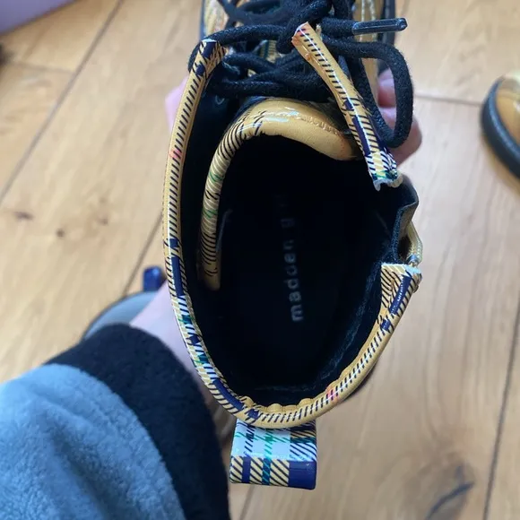 Madden Girl Glazed Faux Leather and Plaid Combat Boots