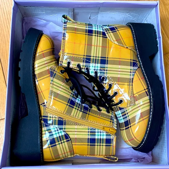 Madden Girl Glazed Faux Leather and Plaid Combat Boots