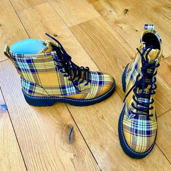 Madden Girl Glazed Faux Leather and Plaid Combat Boots