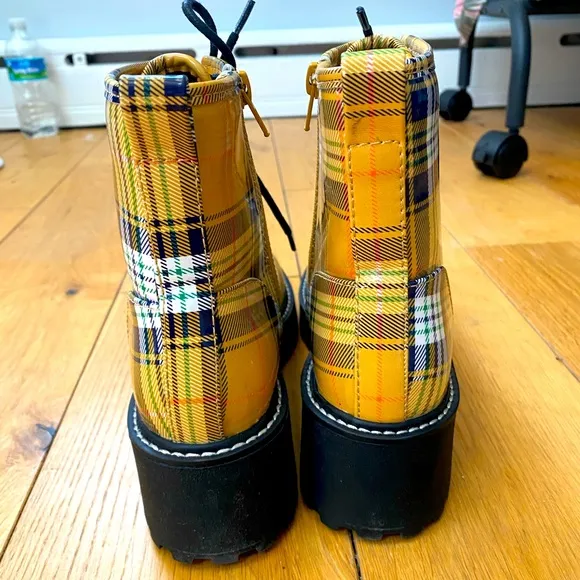 Madden Girl Glazed Faux Leather and Plaid Combat Boots