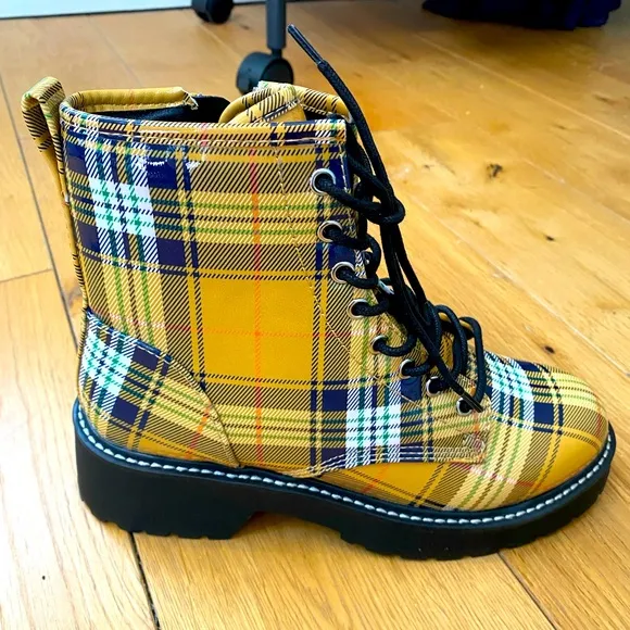 Madden Girl Glazed Faux Leather and Plaid Combat Boots