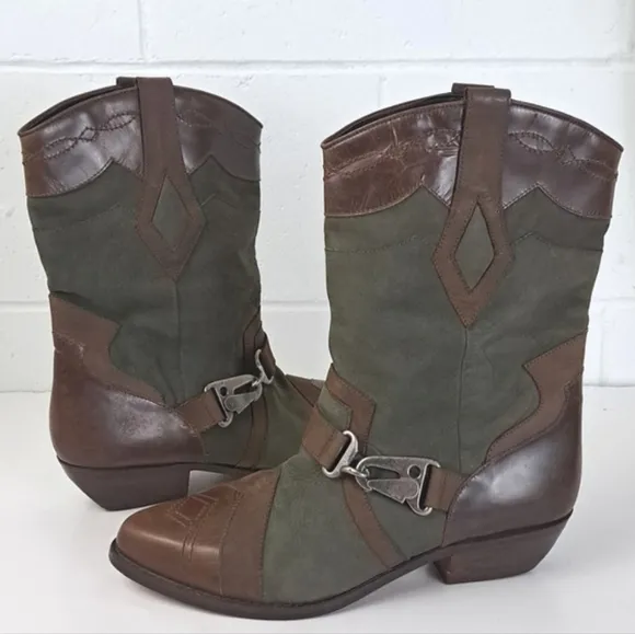 Made in Brazil designer leather Two Tone western boot Silver Metal Clasps sz8