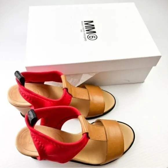 Maison Margiela MM6 Women's  size 10 Tan Red Leather Wedges Sandals Shoes