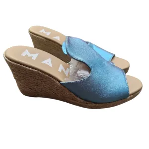 Manebi Wedge Sandals with Open Toe in Blue Shimmer