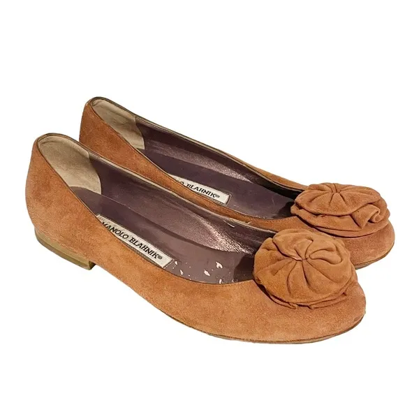 Manolo Blahnik Size 6.5 Dusty Pink Leather Suede Round Toe Rose Ballet Flats