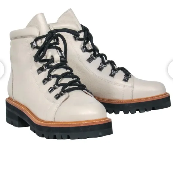 Marc Fisher Cream Pebbled Leather Lace-Up Combat Boots