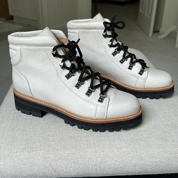 Marc Fisher Cream Pebbled Leather Lace-Up Combat Boots