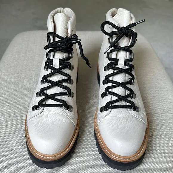 Marc Fisher Cream Pebbled Leather Lace-Up Combat Boots