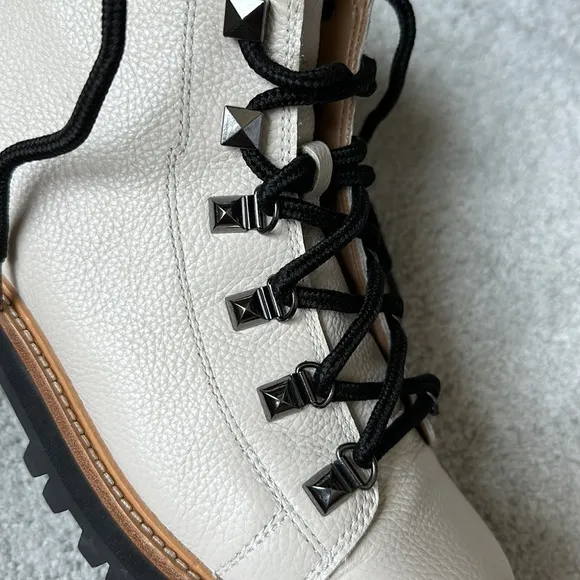 Marc Fisher Cream Pebbled Leather Lace-Up Combat Boots