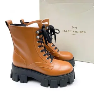 Marc Fisher Happy Lug Boots Platform Brown Leather Lace Up Ankle Combat Sz 6.5