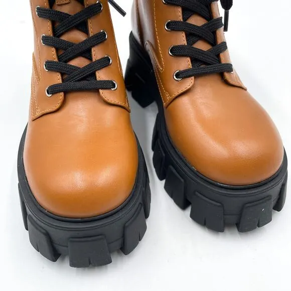 Marc Fisher Happy Lug Boots Platform Brown Leather Lace Up Ankle Combat Sz 6.5