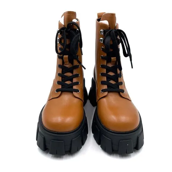 Marc Fisher Happy Lug Boots Platform Brown Leather Lace Up Ankle Combat Sz 6.5