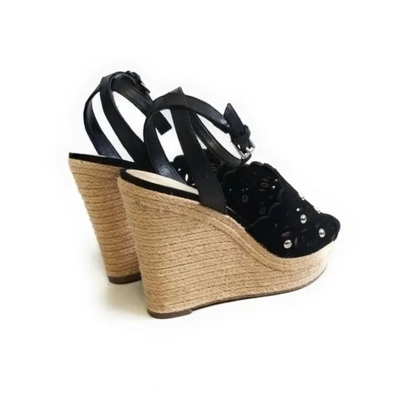 Marc Fisher Hata Black Suede Studded Chunky Platform Wedge Sandals Size 8.5