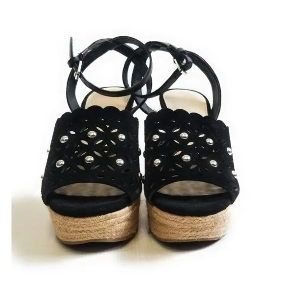 Marc Fisher Hata Black Suede Studded Chunky Platform Wedge Sandals Size 8.5