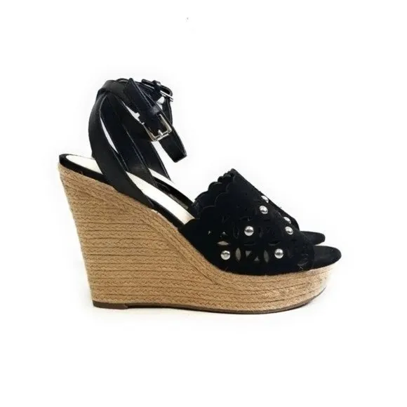 Marc Fisher Hata Black Suede Studded Chunky Platform Wedge Sandals Size 8.5