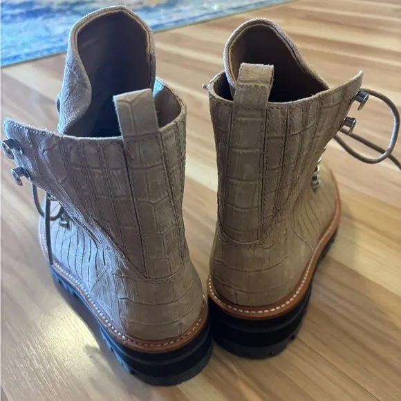 Marc Fisher Izzie Snake Embossed Combat Boots Suede Light Natural size 7 NEW